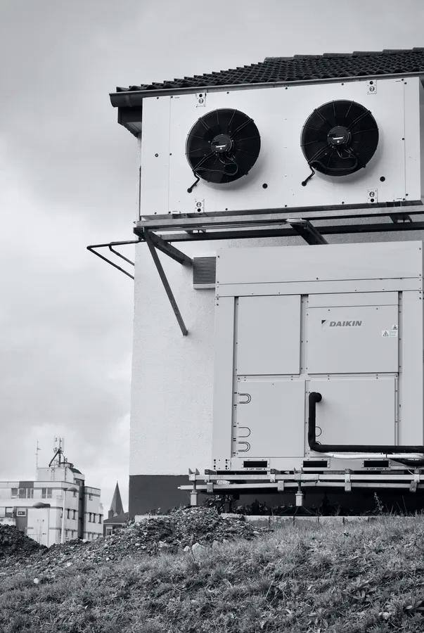 Outdoor units on a building exterior